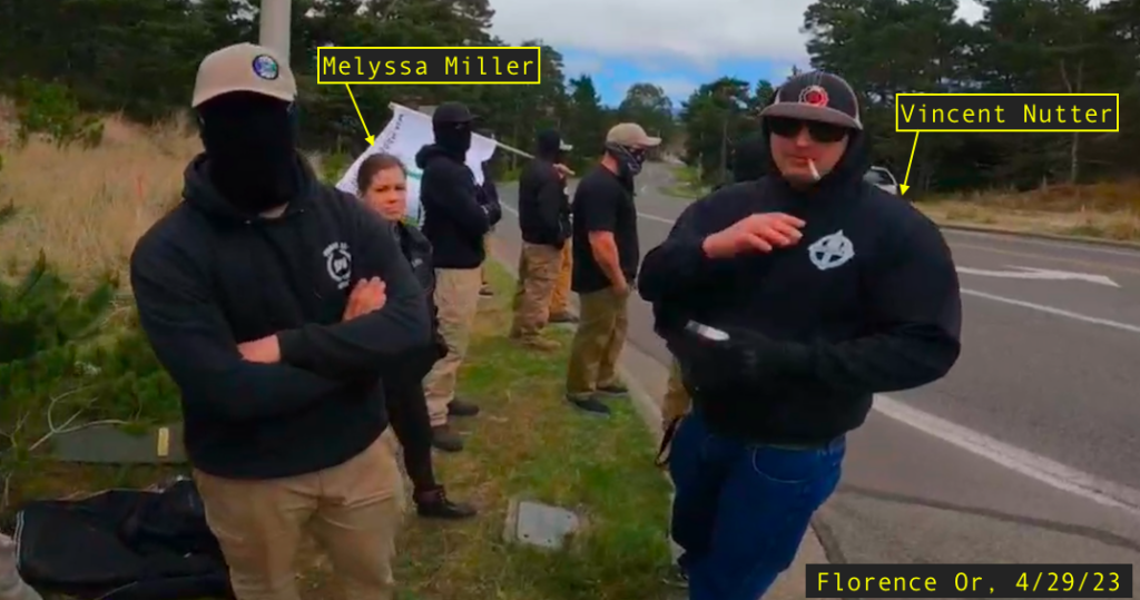 Nazis on the corner in Florence. Vincent Nutter, in an EAC hoodie and a Crew 38 Hammerskins hat, is labelled along with his fiance Melyssa Miller.